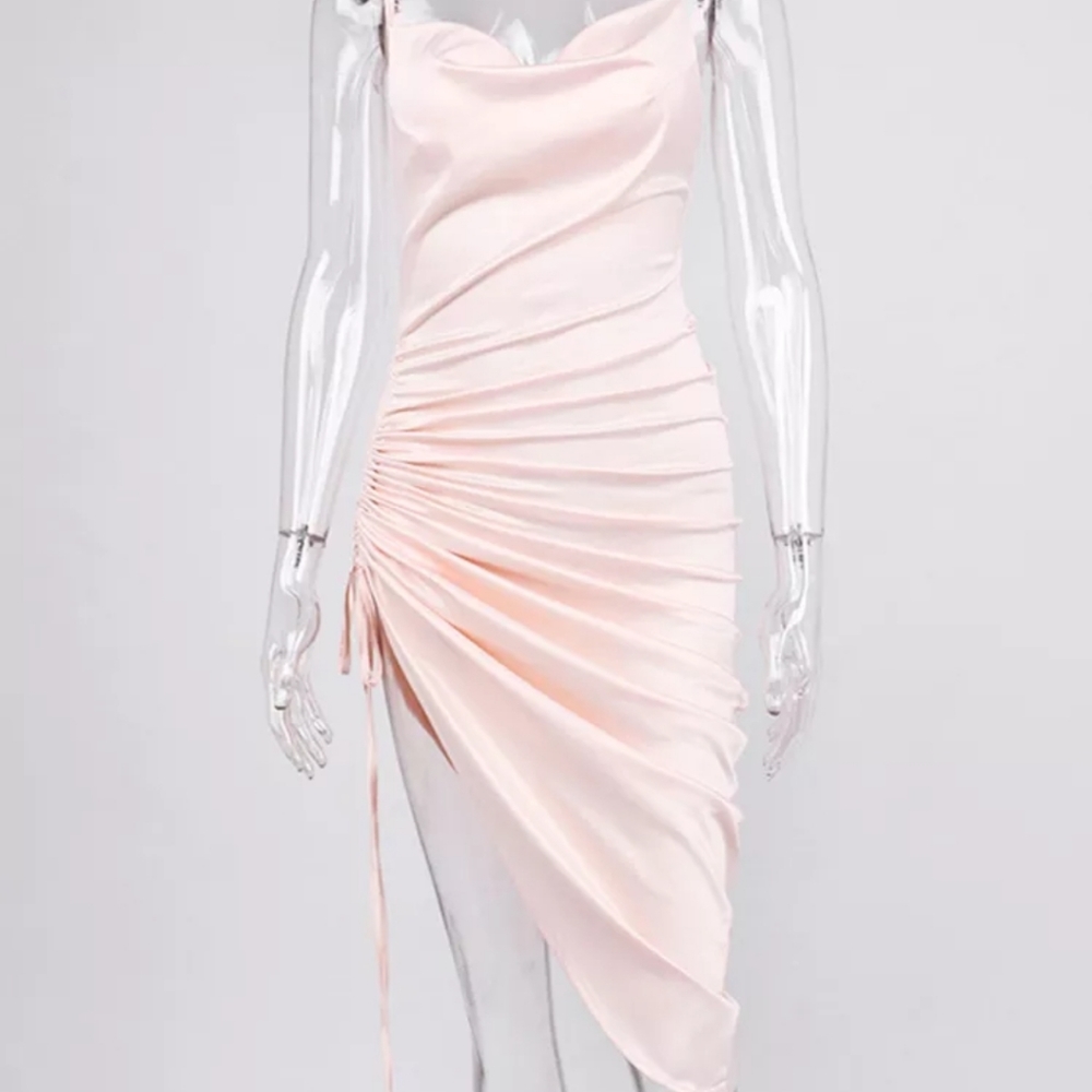 Draped Neck Spaghetti Strap Asymmetrical Satin Slip Dress - Picture 5 of 10